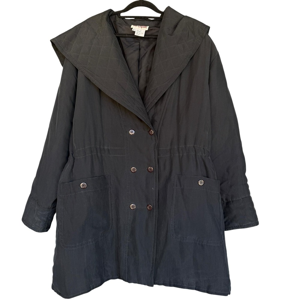 Silk Empire Coat Womens Large Black Quilted Shawl Collar Button Front Pockets